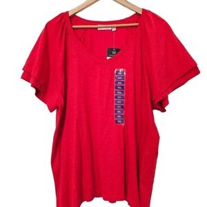 Rafaella Knit Top Womens XXL Red Blouse Short Ruffle Sleeve V-Neck Soft